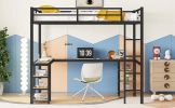 Full XL Metal Loft Bed with Desk and Shelves, Loft Bed with Ladder and Guardrails, Loft Bed Frame for Bedroom, Black