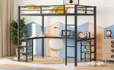 Full XL Metal Loft Bed with Desk and Shelves, Loft Bed with Ladder and Guardrails, Loft Bed Frame for Bedroom, Black