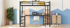 Full XL Metal Loft Bed with Desk and Shelves, Loft Bed with Ladder and Guardrails, Loft Bed Frame for Bedroom, Black