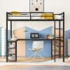 Full XL Metal Loft Bed with Desk and Shelves, Loft Bed with Ladder and Guardrails, Loft Bed Frame for Bedroom, Black