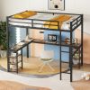 Full XL Metal Loft Bed with Desk and Shelves, Loft Bed with Ladder and Guardrails, Loft Bed Frame for Bedroom, Black