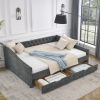 Queen Size Daybed with Drawers Upholstered Tufted Sofa Bed,,with Button on Back and Copper Nail on Waved Shape Arms, Grey (84.5"x63.5"x26.5")