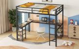 Full XL Metal Loft Bed with Desk and Shelves, Loft Bed with Ladder and Guardrails, Loft Bed Frame for Bedroom, Black