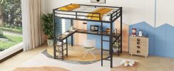 Full XL Metal Loft Bed with Desk and Shelves, Loft Bed with Ladder and Guardrails, Loft Bed Frame for Bedroom, Black