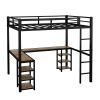 Full XL Metal Loft Bed with Desk and Shelves, Loft Bed with Ladder and Guardrails, Loft Bed Frame for Bedroom, Black